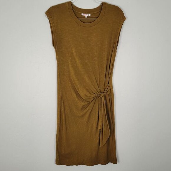 Sundry Size S Side Tie Jersey Dress Short Cap Sleeve Stretch Green Yellow - Picture 1 of 12